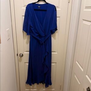 SLNY Cobalt Blue Midi Wrap Dress with Ruffle Trim